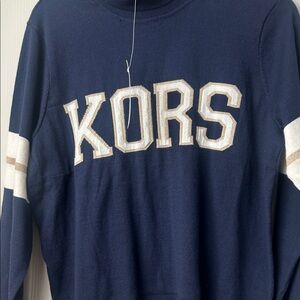 Michael Kors Navy Blue Sweater with White and Gold Accents